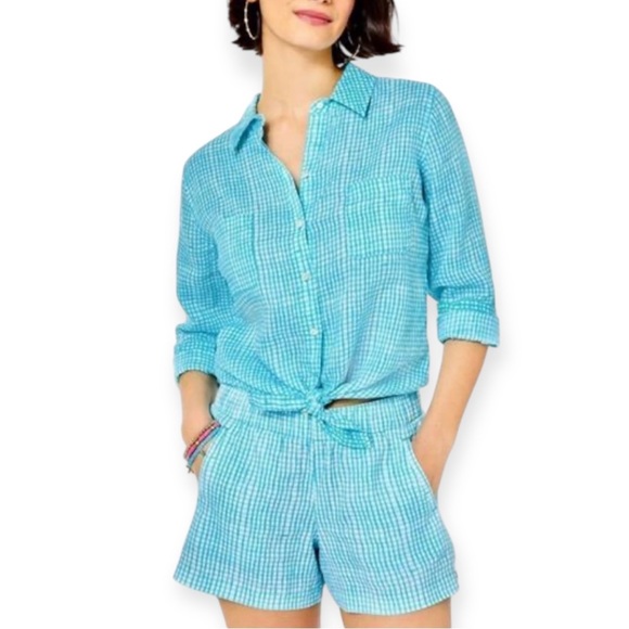 LILLY PULITZER Sea View Button Down Top Linen Seabreeze Blue Along The Same Line